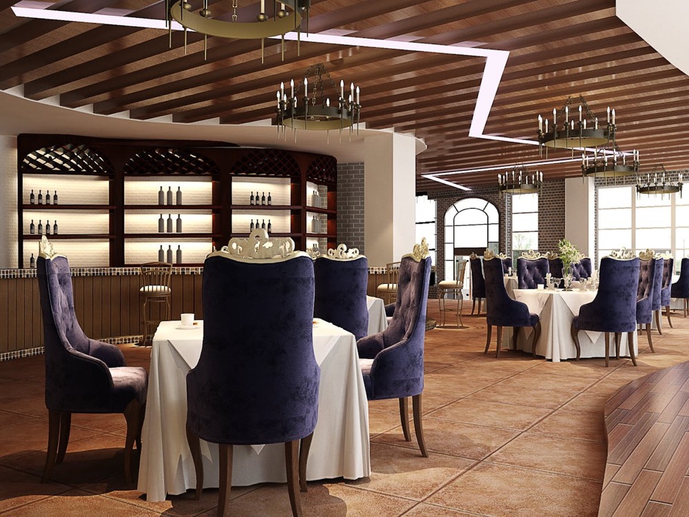 Hospitality dining room with dark timber and warm lighting